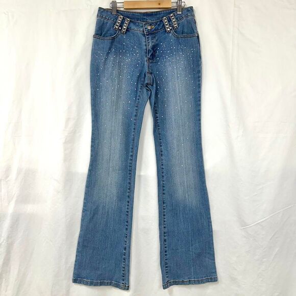 BOSTON PROPER Y2K Low Rise Blue Denim Bootcut Flare Jeans Rhinestones Womens 2 - Picture 1 of 6